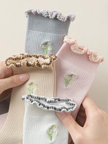 1/5 pares de calcetines de media caña con tulipanes florales y encaje para mujer, calcetines dulces y lindos para uso casual diario, otoño - Multicolor - Ver 3