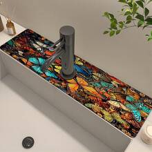 1 pièce Tapis de drain d'évier avec motif thème Hua Hudie, en terre de diatomées à séchage rapide et en caoutchouc antidérapant avec absorption de l'humidité, pour cuisine/salle de bain. Tapis de protection antidérapant en silicone en boue de diatomées pour robinet, tapis de drain de cuisine, protecteur de lavabo, convient à tous les types de robinets de salle de bain et de cuisine.