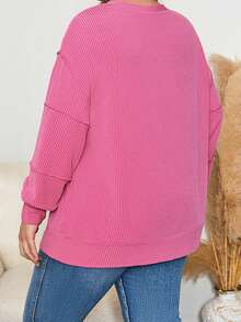 Womens Plus Size Pullover Tops Long Sleeve Round Neck Ribbed T-Shirts Spring Fall Sweatshirts - Rosa - Ver 2