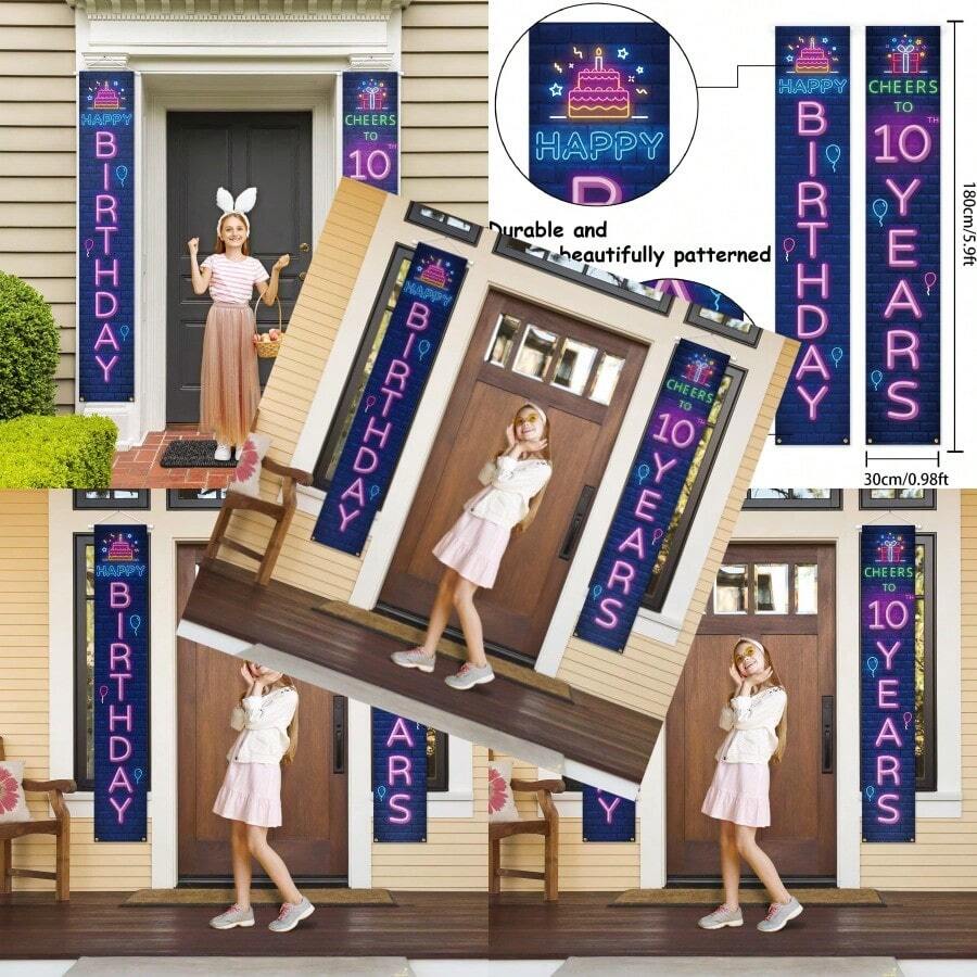 Neno Glow Happy 10th Birthday Porch Sign Door Banner Decor Colorful Cheers To 10 Years Old Birthday Party Theme Decorations For Boys Girls Supplies
