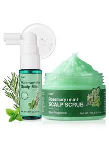 2 peças/Conjunto Conjunto de Cuidados com o Couro Cabeludo Spray para Couro Cabeludo de Alecrim e Esfoliante para Couro Cabeludo, Esfoliante Shampoo para Couro Cabeludo de Alecrim, Tratamento para Couro Cabeludo 2 em 1 com Óleo de Menta para Fortalecer Cabelos Fracos e Quebradiços