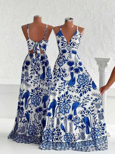 女士优雅休闲可爱露背蝴蝶结花卉系带荷叶边长裙，夏季度假派对