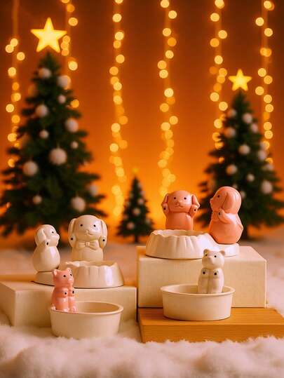 1 pieza Soporte de vela con diseño de animal de dibujos animados - Base para soporte de vela, decoración navideña, suministros para fiestas y vacaciones, artesanía de cerámica | Adecuado para el hogar, hotel, escritorio, decoración de vacaciones y fiestas, decoración del hogar, decoraciones navideñas, decoración de habitaciones de invierno