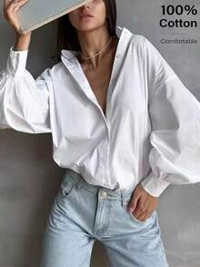 Women's Linen Fall Winter Work Shirt, Elegant Casual White Top, Perfect For 2026 Graduation & Commuting | Fall Winter Wear - White - View 3
