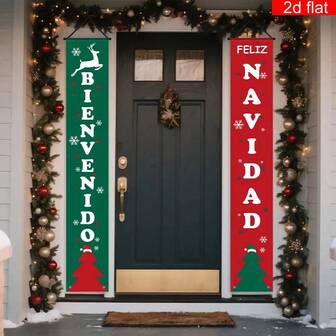 2 pancartas planas, 1 par de pancartas de decoración para el pórtico de Navidad y Año Nuevo en español, de poliéster, con fondo de patrón rojo y verde de Bienvenida a la Navidad, adecuadas para la Nochebuena, decoración colgante de pancartas para fiestas de vacaciones de invierno, decoración de puerta de Feliz Navidad, tela de fondo de Navidad, telón de fondo de foto de Feliz Navidad