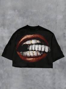 Streetwear Gold Grills Graphic Tee,Comfortable Casual Short Sleeve, 220 Grams Heavyweight Cotton Printed T-Shirt,Halloween - màu đen - Xem 1