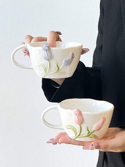 1pc French Romantic Embossed Tulip Ceramic Cup, Pastoral 3D Floral Milk Cup, Embossed Design Ceramic Coffee Mug, Decorative Coffee Cup, Eid Gift And Party