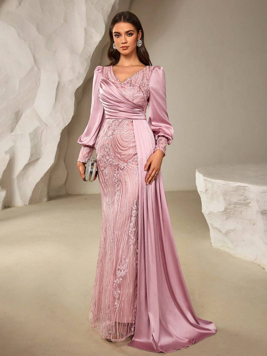 Autumn/Winter Deep V-Neck Lantern Sleeve Luxury Evening Gown, Elegant Banquet Fashion Waist Embroidered Dress Suitable For Evening Events, Luxury Wedding Banquet, Formal Evening Gown, Holiday Thanksgiving Dress, New Year's Eve Dress - 藕粉色 - 查看 1