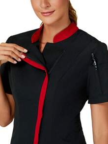 Bộ 2 món: Đồng phục đầu bếp tay ngắn cổ đứng nhiều túi, trang phục công sở thời trang cho trung tâm chăm sóc sau sinh và thẩm mỹ viện, màu đen mùa xuân. - màu đen - Xem 5