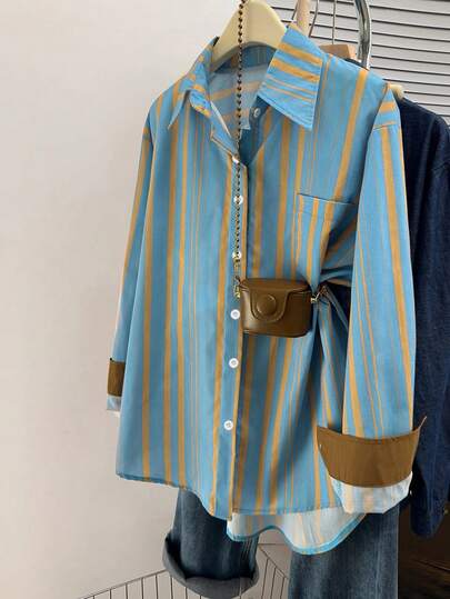 ii 复古撞色条纹休闲衬衫，初秋