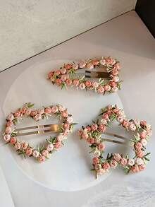 Pasador de pelo con bordado floral rosa - Accesorios de pelo lindos de hierro, adecuados para uso casual y diario en todas las estaciones, sin electricidad, diseño de tela de punto, accesorios para el cabello, pasador de pelo de flor rosa de alta gama para mujer, clip de amor dulce para la frente, flequillo lateral, pasador de pelo, pinzas para el cabello, pasador de pelo