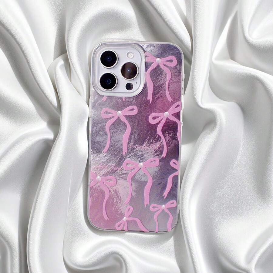 1 件仿珍珠粉色领结半透明渐变可爱卡通时尚个性化，不对称波浪 IMD 全保护防摔银色渐变冰川纹理锡箔纹理亮银色激光闪亮艺术风格，适用于 Android//OPPO/VIVO/Honor//Redmi/Transsion/ 手机壳