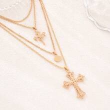 Multi-Layer White Crystal & Golden Cross Pendant Necklace - Gold - View 5