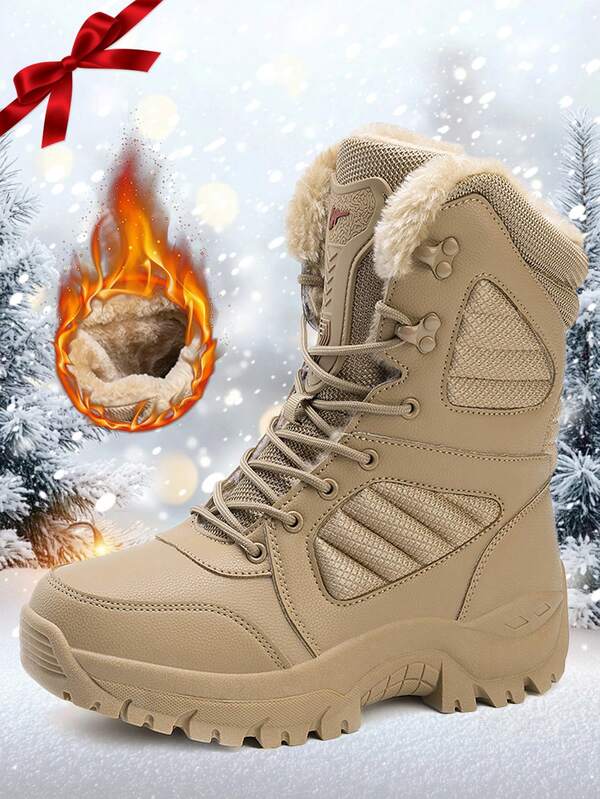 Men'S Fleece-Lined Mid-Calf Boots Snow Boots, Thermal Insulated Cold Weather Boots, Non-Slip TPR Sole & Lace-Up Design, Durable Outdoor Winter Boots, Gift For Men, Christmasgift, Stylish Winter Footwear