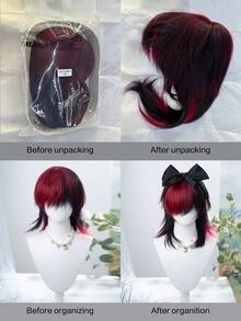alicegarden 1 Synthetic Heat-Resistant Wig With Bangs, Short Black Red Hair Wig, 18 Feet Long, Made Of Fiber, Suitable For Daily Use, Natural Simulation Wig