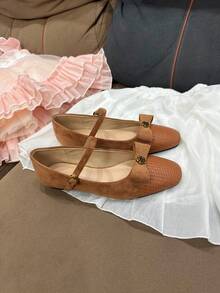 New Autumn/Winter Flat Shoes For Teens, Minimalist Bow Decor Square Toe, Comfortable One-Strap Buckle, Versatile Casual Elegant All-Match Everyday Wear