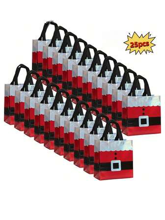 25 个圣诞礼品袋，圣诞元素手柄无纺布礼品袋 - 节日红白设计，适合生日、公司活动、购物袋、周年纪念、手提袋、节日礼物交换、圣诞礼品袋（圣诞节、感恩节、新年）