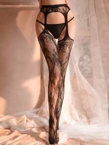 1 Pc Women Sexy Lingerie Stockings Floral Lace Pantyhose Long Socks Pantyhose Over Knee Elastic High Thigh Garter Stockings Leggings Socks - Black - View 2