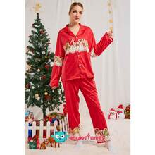 Women's Christmas Pajamas Set Santa Claus Print Long Sleeve Lapel Button Tops With Elastic Waist Long Pants Loungewear