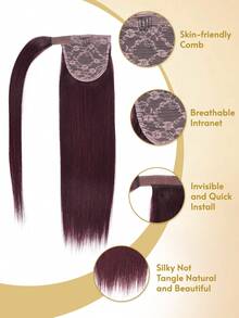 Brazilian Clip-In Ponytail Extensions, #99J Deep Burgundy Color, Real Human Hair Straight Wrap Around Ponytail For Women - S99J - View 4