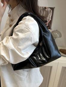 1 件绗缝按扣 PU 纯色复古软皮饺子单肩包，时尚拼布腋下包，新月形油蜡皮革大容量通勤休闲手提包，适合办公室、商务、约会、购物、旅行、送给女朋友、闺蜜、女性日常使用的礼物 - 黑色 - 查看 9