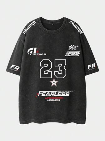 Shwiy 男士水洗复古效果休闲简约短袖 T 恤，带有赛车元素印花，芝加哥 23 号星星设计，适合街头潮流，春夏季