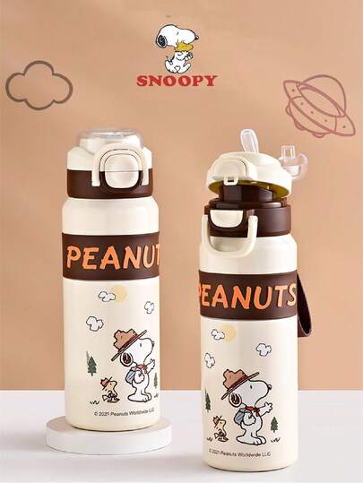 SNOOPY בקבוק מים מבודד ואקום מנירוסטה 600 מ"ל של סנופי, כוס גדולה לתלמידים, כוס ספורט ניידת עם קשית, לגברים ולנשים
