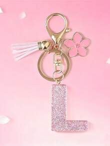 1pc DIY Pink 26 English Alphabet Keychain, Resin Glitter Flower Tassel Key Chain For Women Christmas Gift