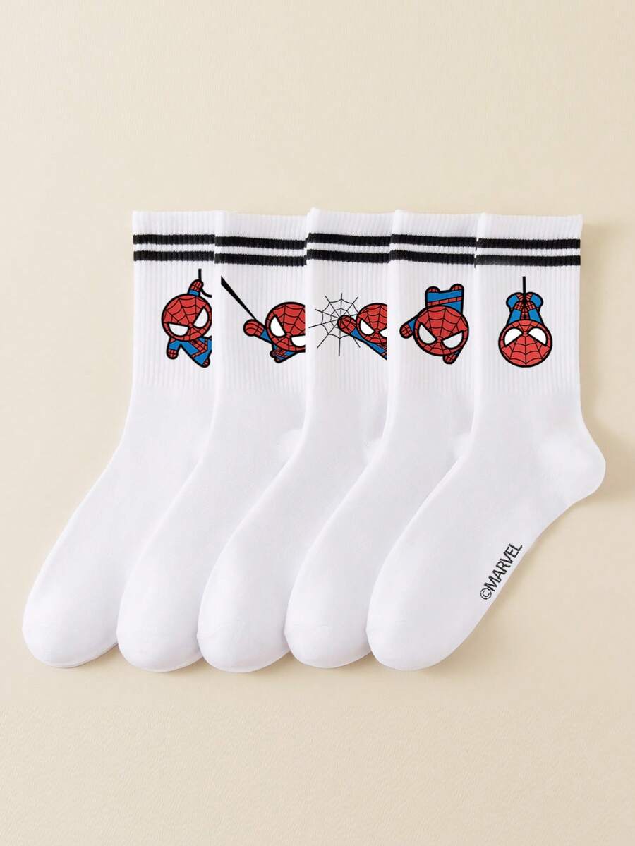 Marvel 5 双正宗蜘蛛侠卡通人物袜子，新年礼物新奇袜子，卡通圣诞新年动画男女袜子，漫威粉丝袜子，适合派对和聚会 - 白色 - 查看 1