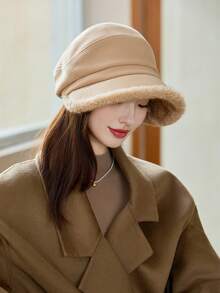 1pc Women's New Autumn/Winter Velvet Trim Metal Decor Baseball Cap, Elegant Lady Style Wide Brim Bucket Hat, Breathable Lightweight Warm, Washable, Suitable For Casual Outings In Fall/Winter