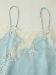 Awevudst Women Silk Satin Lace Trim Cami MIni Dress Extra Long Camisole Lace Asymmetrical Trim Camisole Tank Crop Tops Y2k Silky High Low Lace Slip Dress - 藍色 - 查看 5