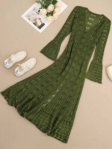 Nuevo cardigan largo de mujer de punto calado con volantes en el bajo, de manga larga, con botones, elegante y sencillo, para uso diario y festivales, estilo streetwear y Y2K, otoño e invierno 2025