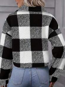 Women Casual Plaid Fuzzy Button Front Jacket For Daily Wear In Autumn/Winter Fall Cloth For Women  Warm And Fashionable, Yellow And White Plaid Faux Fur Cropped Jacket, Notch Lapel With Single-Breasted Buttons, Retro And Eye-Catching; Cropped Silhouette, Elongates Legs By Lifting The Waistline Material: Faux Fur Fabric, Soft And Fluffy, Excellent Warmth Retention; Comfortable And Skin-Friendly To Wear Fit: Loose And Slimming, Highly Inclusive Of Body Shapes, Hides Flesh And Fashionable - 黑色 - 查看 4