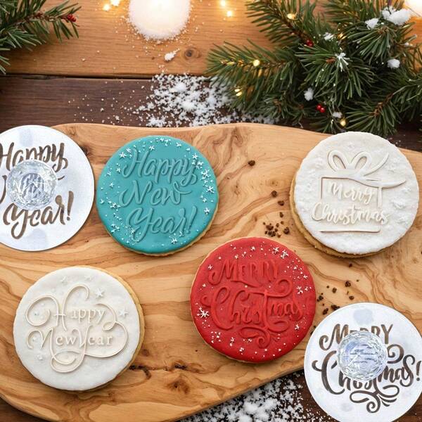 1pc/6pcs Christmas Cookie Stamp Mold With "Merry Christmas!", "Happy New Year!" And Christmas Tree, Gift Pattern, Round Cookie Christmas Embossing Mold, English Christmas Blessing Fondant Cookie Stamp Set, Suitable For Christmas Gift Making, Christmas Party Snack Making And New Year Snack Making