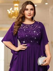 Plus Elegant Sequin Floral Lace Chiffon Butterfly Sleeve Contrast Ruched Hem Formal Party Long Dress, Wedding Guest Dress - 紫色 - 查看 7