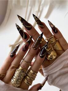 Fall Autumn Nail Design,10PCS Handmade Press On Nails,Gothic Nails,Y2K Nails,Black French-Style Grid And 3D Three-Dimensional Metal Droplets,Gift Of Manicure Tools - Nhiều màu - Xem 4