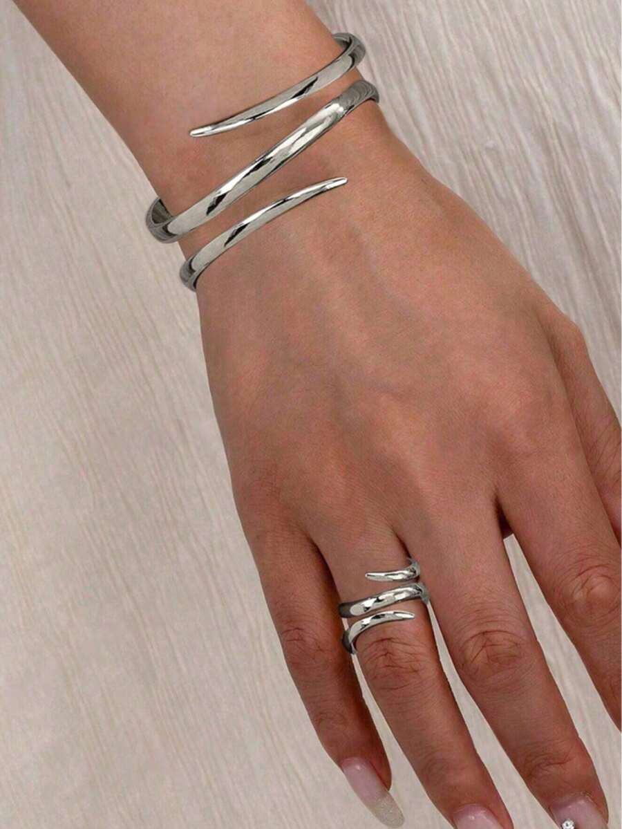 Set de joyería de 2 piezas con brazalete y anillo de diseño geométrico minimalista con líneas envolventes, adecuado para la vida diaria y eventos sociales, excelente regalo para el Día de San Valentín