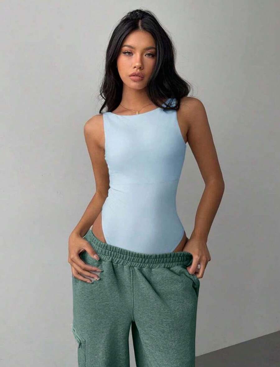 Women's Sleeveless Leotard Bodysuit U-Neck Low Neck Basic Casual Suplex Without Pad - 淺藍色 - 查看 1