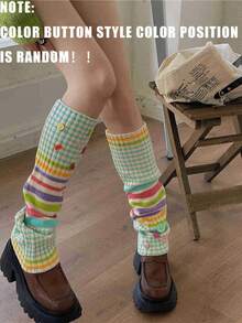1pair Colorful Millennial Hot Girl Striped -Contrast Color Ins Style Pile Knitted Yarn Leg Cover-Pay Attention To The Random Color Position Of Color Buttons, Cozy