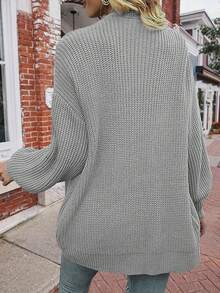 1件女士纯色休闲长袖灯笼袖针织开衫，秋冬季长袖上衣 - 灰色 - 查看 6