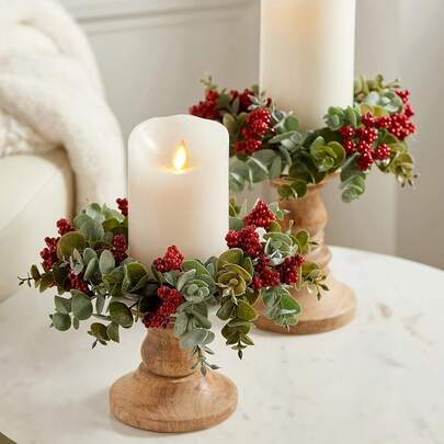 1/3pcs Christmas Wreath With Holly And Berries, Candle Garlands For Christmas Decoration, Romantic Candlelight Dinner, For Home Decor, Room Decor, Bedroom Decor, Table Centerpiece, Holiday Decor, Candlestick Decor