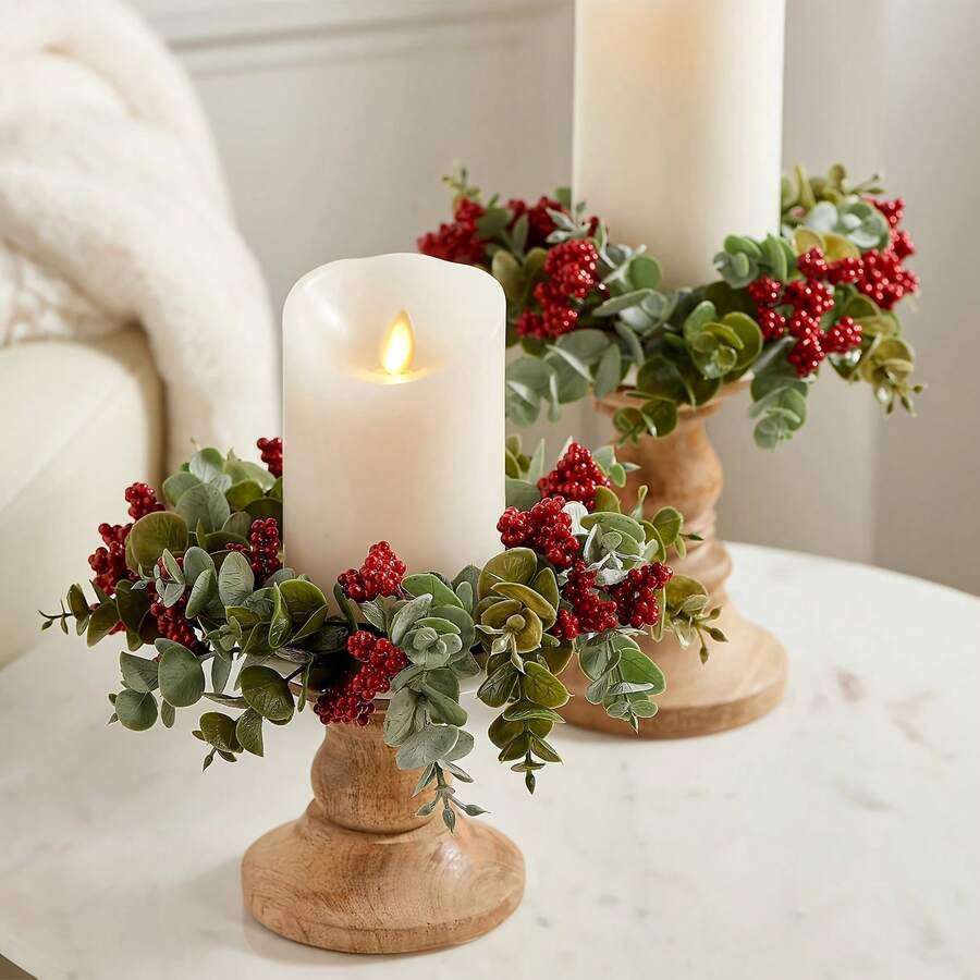 1/3pcs Christmas Wreath With Holly And Berries, Candle Garlands For Christmas Decoration, Romantic Candlelight Dinner, For Home Decor, Room Decor, Bedroom Decor, Table Centerpiece, Holiday Decor, Candlestick Decor - Green - View 1