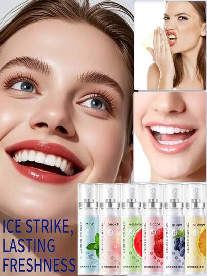 6 包口气清新喷雾套装 - 便携式漱口水，水果味口腔喷雾，预约漱口护理喷雾，低过敏性，持久水果味，清新薄荷味，随时随地清新口气