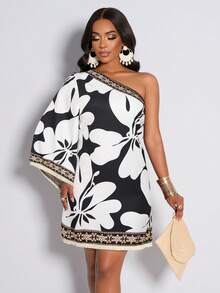 Amarilo Women's One-Shoulder Printed Dress, Tropical Rainforest Print Plus Tassel Skirt, Casual And Ladylike Style, Suitable For Daily Commuting And Vacation, New Spring And Summer Printed Dress