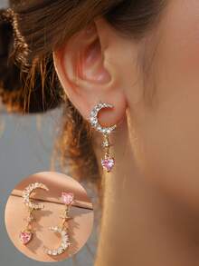 1 Pair Chic Luxurious Gold Rhinestone Star Moon & Heart Earrings, Fashionable Everyday, Date, Party, Holiday Wear