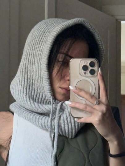 1 Piece Of Winter Women's Hooded Scarf Hat Crochet Solid Color Knitted Pullover Sweater Drawstring Balaclava Hat Winter Warm Hat Brimless Pilot Hat