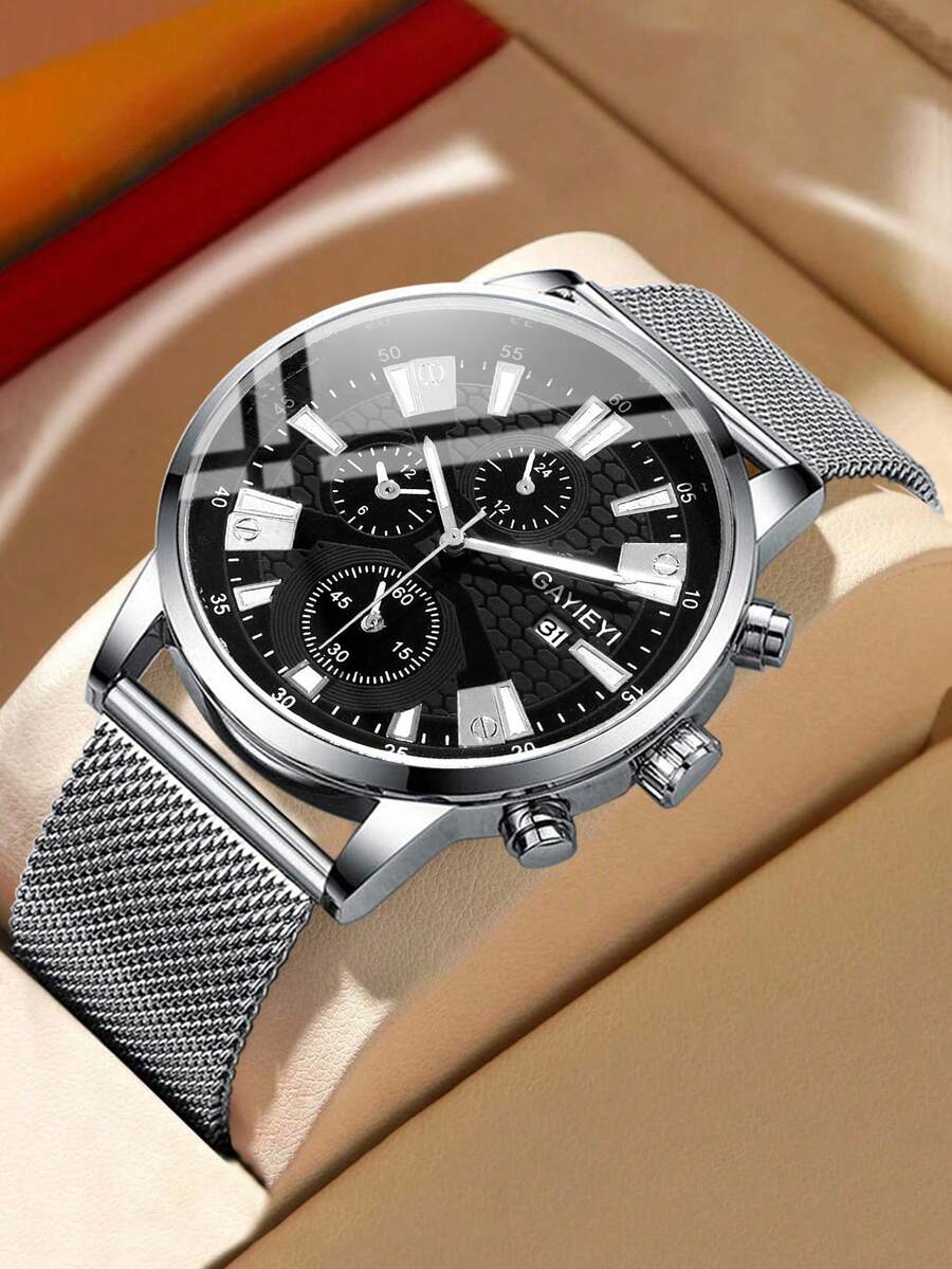1pc Casual Men's Quartz Watch, Minimalist Round Dial, Metal Mesh Strap, Best Gift For Men, Suitable For Holidays And Daily Wear - Silver - View 1