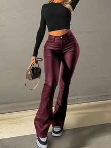 Plus Size Coated Faux Leather Bootcut Pants, Slimming And Elongating, Suitable For Spring And Summer - Burgundy - View 4
