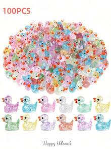 100pcs Mini Glittery Resin Duck Sculptures | Multicolor Handcrafted Garden Ornaments For DIY, Bonsai, Aquarium & Room Decor, Perfect Holiday Gift | Whimsical Duck Design, Glossy Resin Material, No Electricity Needed