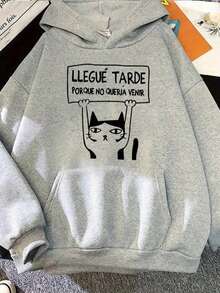 Sudadera hoodie básica mujer dama bolsillo canguro gorro capucha estampado GRAFICO DE GATO FRASES CHISTOSAS LETRAS GRAPHIC caliente frío uso diario | buena calidad | Textura Suave Fortiz - Gris - Ver 1